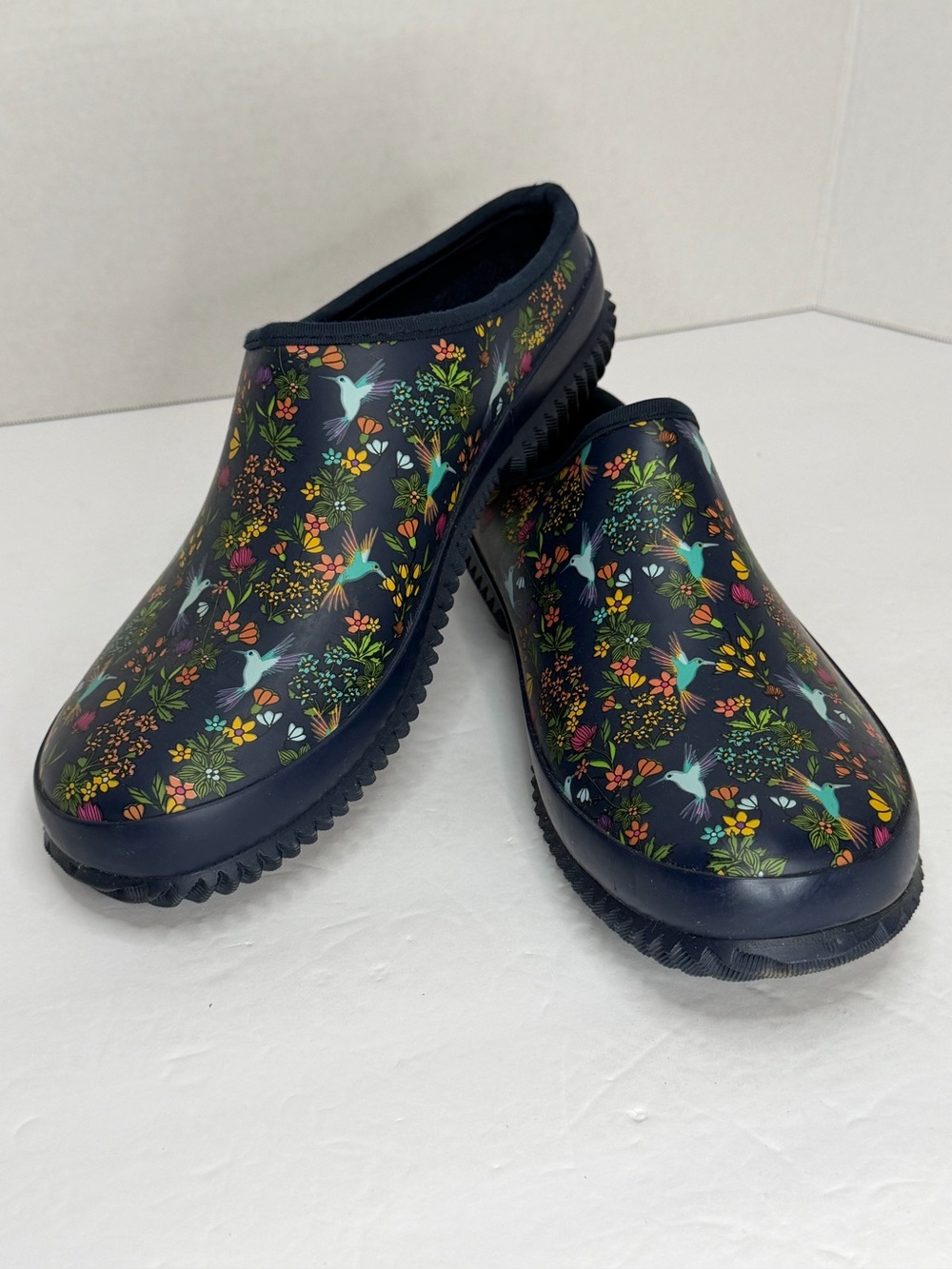 Western Chief Hummingbird Garden Clogs Navy Floral Slip On Shoes 7